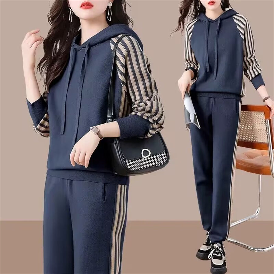 Casual Side Stripe Patchwork 2 Piece Sets Hooded Sweatshirts+Jogger Pants Loose Oversize Co-ord Set ( N-1 )