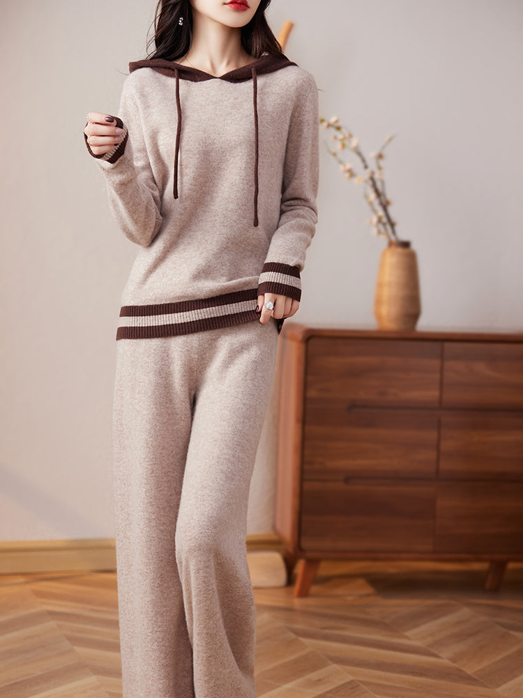 Autumn Winter Cashmere Suit 100% Wool Two Piece Women's Hooded Pullover Tops Casual Knit Color Contrast Co-ord Set ( N-1 )